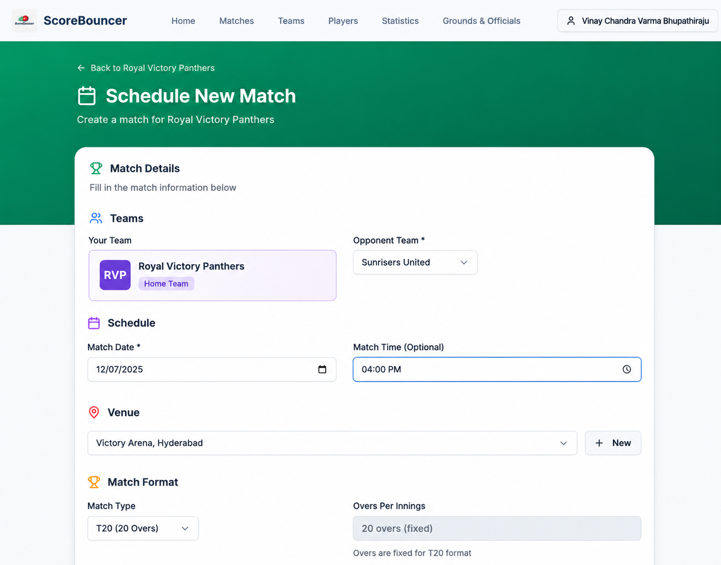 ScoreBouncer Schedule New Match form