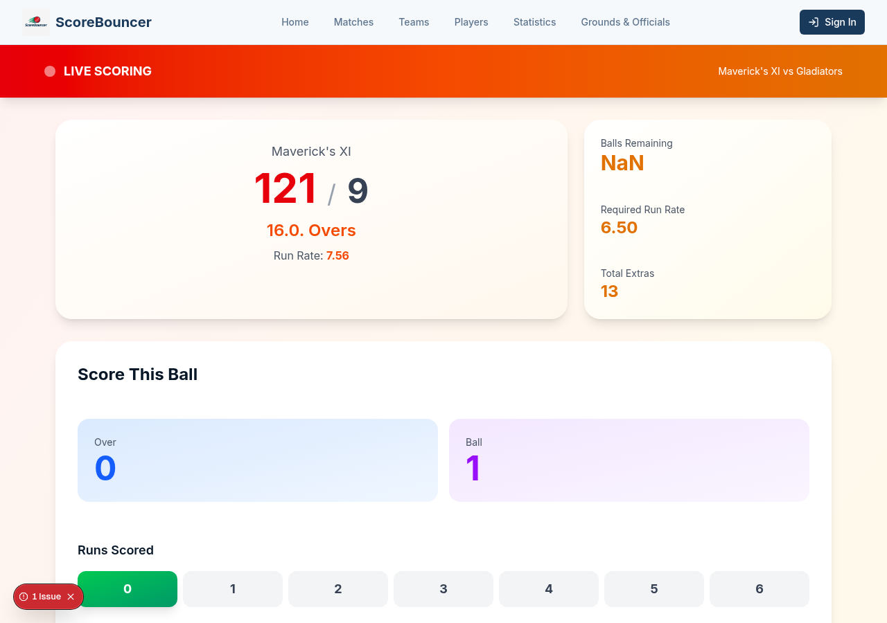 ScoreBouncer ball-by-ball live scoring console