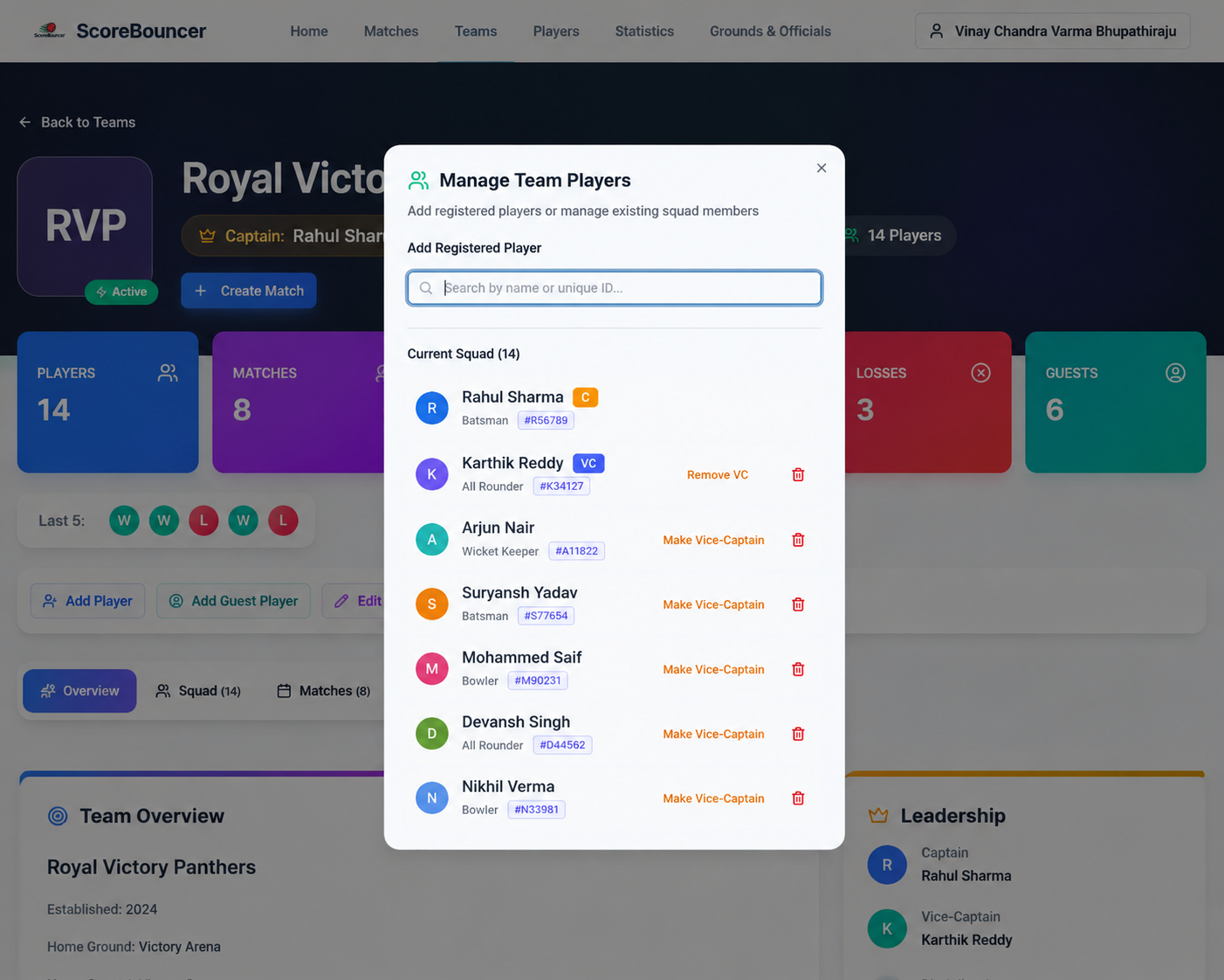Manage Team dialog with controls to assign captain and vice-captain