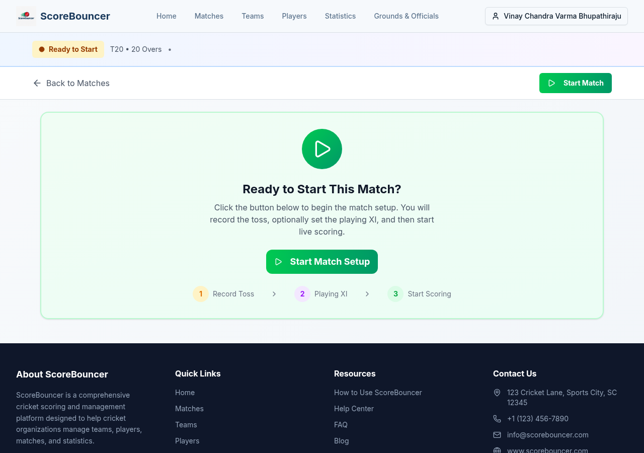 ScoreBouncer Ready to Start match screen with Start Match Setup button