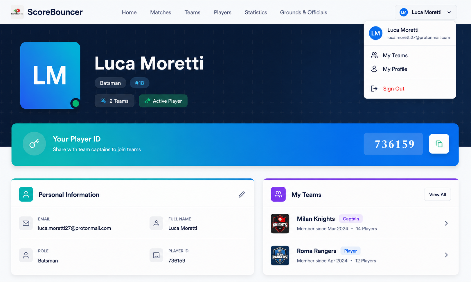 ScoreBouncer player profile page showing personal information, player ID and team memberships