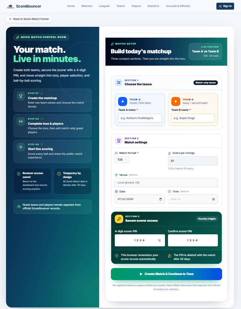 Quick Match setup form showing match settings and scorer PIN