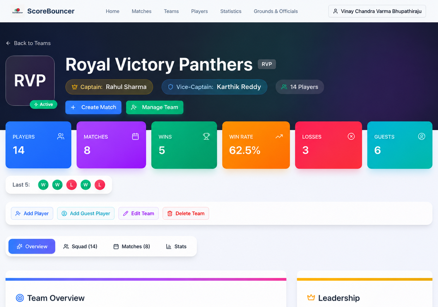 A ScoreBouncer team page showing the captain and squad